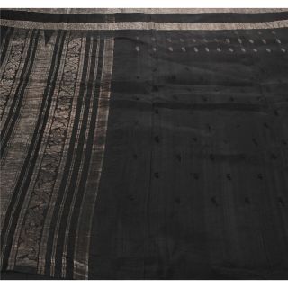 Sanskriti Vintage Black Saree Pure Silk Woven Brocade Craft Fabric Zari 5Yd Sari 2
