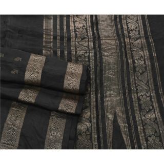 Sanskriti Vintage Black Saree Pure Silk Woven Brocade Craft Fabric Zari 5Yd Sari 3