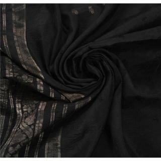 Sanskriti Vintage Black Saree Pure Silk Woven Brocade Craft Fabric Zari 5Yd Sari 5