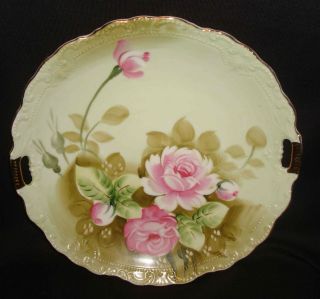 Vintage Lefton Green Heritage Roses Hand Painted Biscuit Handled Cake Plate 2