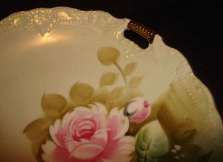 Vintage Lefton Green Heritage Roses Hand Painted Biscuit Handled Cake Plate 3