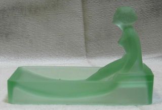 Vintage Art Deco Nude Lady Bathing Green Frosted Glass Dish Or Ring Tray Usa