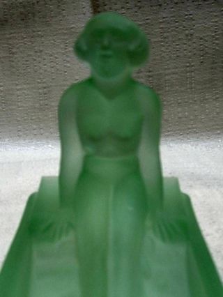 Vintage Art Deco Nude Lady Bathing Green Frosted Glass Dish or Ring Tray USA 5