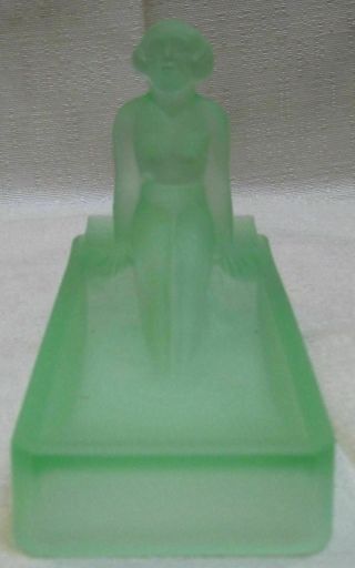 Vintage Art Deco Nude Lady Bathing Green Frosted Glass Dish or Ring Tray USA 6