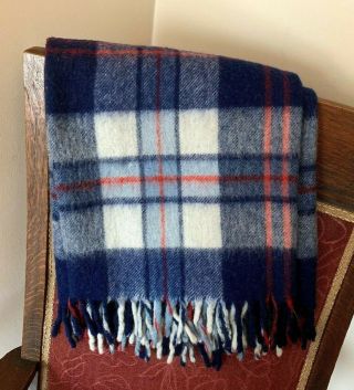 Vintage Blue Red White Plaid 100 Wool Throw Blanket 35 " X 48 " Fringed