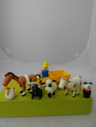 Vintage Fisher - Price Farm Animals,  Pig,  Cow,  Chicken,  Horse,  Cart,  Etc.  Hong Kong