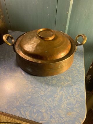 Antique Vintage Copper 10” Turkish ? Steamer Fry Pan Pot 3.  5 Lbs Handles And Lid