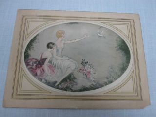 Vintage Pencil Signed Art Deco Print Of 2 Lovely Ladies With Dove " Enchantment "