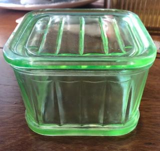 Vintage Green Depression Glass Refrigerator Dish Storage Box Vaseline Green