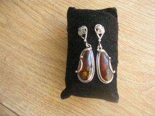 Pair Vintage 925 Silver Marked Amber Dropped Earrings Jewellery For Pierced Ears
