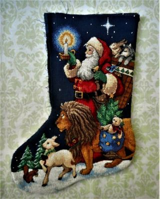 Santa Claus Animals Christmas Vtg Finished Completed Cross Stitch Stocking Front
