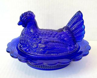 Vintage Mosser Glass Hen Chicken On A Nest Covered Bowl Dish Cobalt Blue Euc