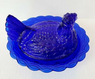 Vintage Mosser Glass Hen Chicken On A Nest Covered Bowl Dish Cobalt Blue EUC 2