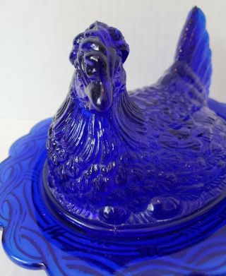 Vintage Mosser Glass Hen Chicken On A Nest Covered Bowl Dish Cobalt Blue EUC 3