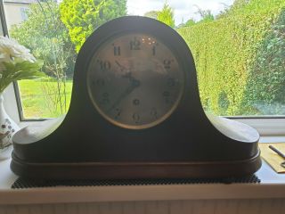 Large Vintage German D.  R.  G.  M.  Wooden Chiming Mantel Clock With Key & Pendulum.