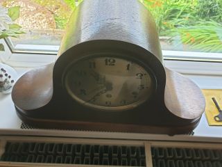 large vintage german d.  r.  g.  m.  wooden chiming mantel clock with key & pendulum. 6