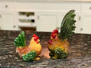 Vintage Miniature Dollhouse Artisan Painted Rooster & Hen Shelf Table Sitters