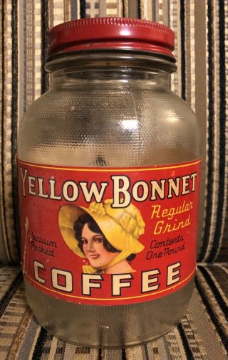 Vintage Rare Yellow Bonnet Coffee 1 Lb Glass Jar Springfield Grocer Co,  Mo