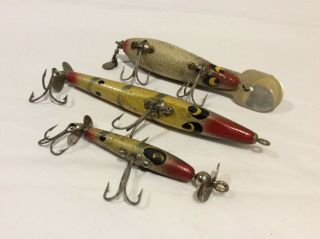Three Vintage Wood Smithwick Lures Devil’s Horse,  MA Scooter,  Rooter 2