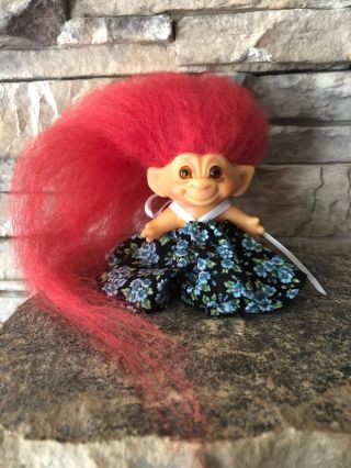 Vintage 2 1/2” Tall Troll Doll By Dam Red Mohair Amber Glass Eyes Floral Dress