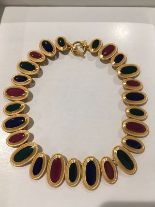 Vintage Anne Klein Gold Tone & Navy Green Red Enamel Oval Linked Necklace