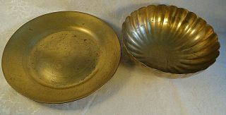 Vintage Solid Brass Scalloped Pedestal Bowl And Plate W/design