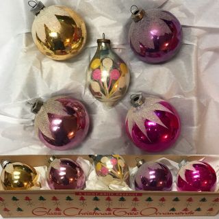 Vintage Set Of 5 Mercury Glass Snow Christmas Ornaments Pink Purple Gold 3” 3.  5”