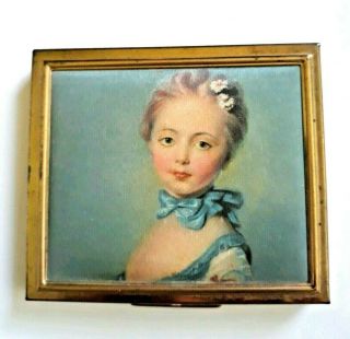 Vintage Gold Tone Powder Compact With Victorian Young Lady Portrait On Silk.  See
