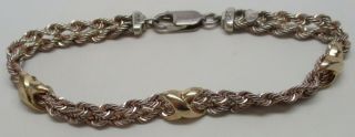 Vintage Solid 14k Gold & Sterling Silver Rope Chain 7 - 1/4 " Designer Bracelet