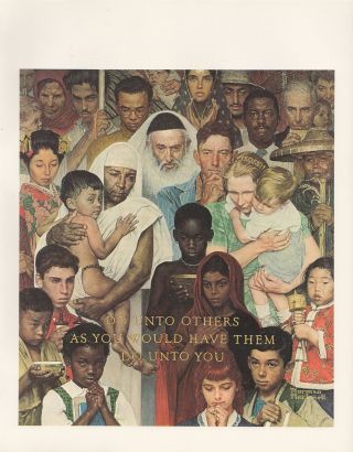 1977 Vintage " The Golden Rule " By Norman Rockwell Mini Poster Color Lithograph