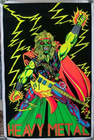 Vintage 1980 Heavy Metal Guitar Skeleton Black Light Scorpio Poster.