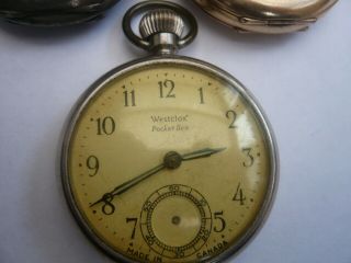 3 VINTAGE POCKET WATCH FOR RESTORATION SILVER 14CT GOLD PLATED CASE WESTCLOX 3