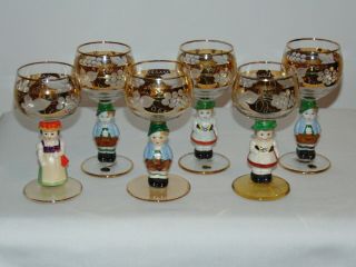 6 Vintage Hummel Goebel Porcelain & Glass Girl & Boy Figurine Wine Goblets