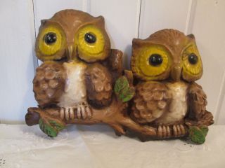 Pair Vintage Heavy Plaster 1960 1970 Owls Wall Plaque 12 " Wide 8 " Tall Browns