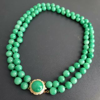 Vintage Double Strand Jade Green Peking Glass Bead Necklace P12