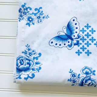 Vintage Queen Flat Bed Sheet Wamsutta Blue Onion White Butterflies Flowers