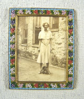Vintage Italian Colorful Micro Mosaic Miniature Brass Frame - Woman With Puppy