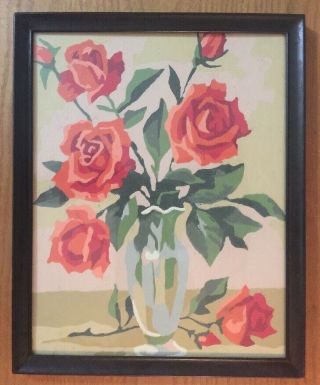 Vintage Paint By Number Roses In Vase Complete Framed 8 " X 10 "