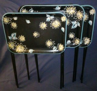 Set Of 3 Vintage Metal Tv Trays With Removable Legs.  Flower Print Blue And Black