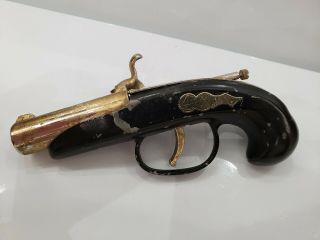 Vintage Flintlock Table Lighter Derringer Pistol Gun Black Gold Tone / Sparks