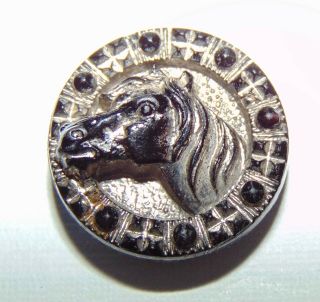 Vintage Silver Lustered Small Black Glass Horse Head Button 531a