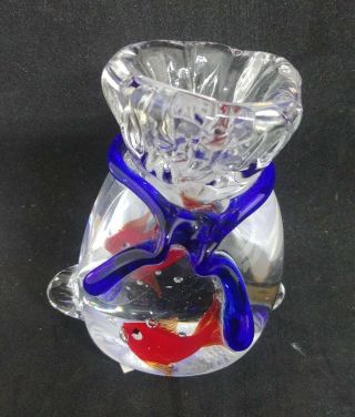 Vintage Art Glass Paperweight 3 " Red Fish In A Bag Tied With A Blue Ribbon