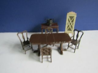 Vtg Tootsie Toy Doll House Furniture Dining Room Table Chairs Curio Cabinet 2