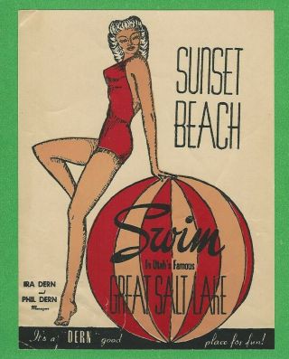 Vintage 1948 Souvenir " Sunset Beach " Great Salt Lake Utah Pinup Decal