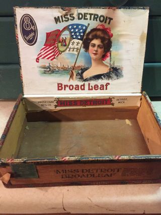 Vintage Miss Detroit Cigar Box,  Wooden Stamp Rochester Ny,  Scarce Tobacco Box