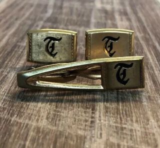 Vtg Hickok Monogram Initial “t” Cufflink & Tie Clip Bar Set Gold Tone