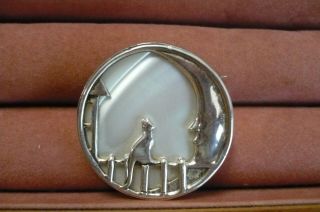 Vintage Sterling Silver Abalone Cat Man In The Moon Fence Brooch 1 1/4 "