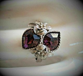 Vintage Sarah Coventry Silvertone Purple Heart Rhinestone Flower Adjustable Ring