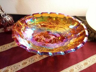Vintage Amber Indiana Carnival Glass Footed Fruit Bowl Autumn Harvest 12.  5 "