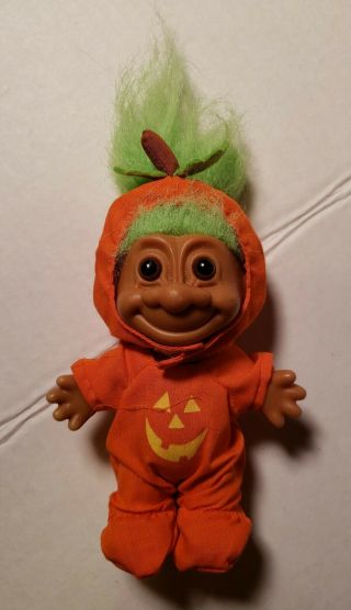 Vintage Russ Troll Doll Halloween Orange Pumpkin Costume Green Hair